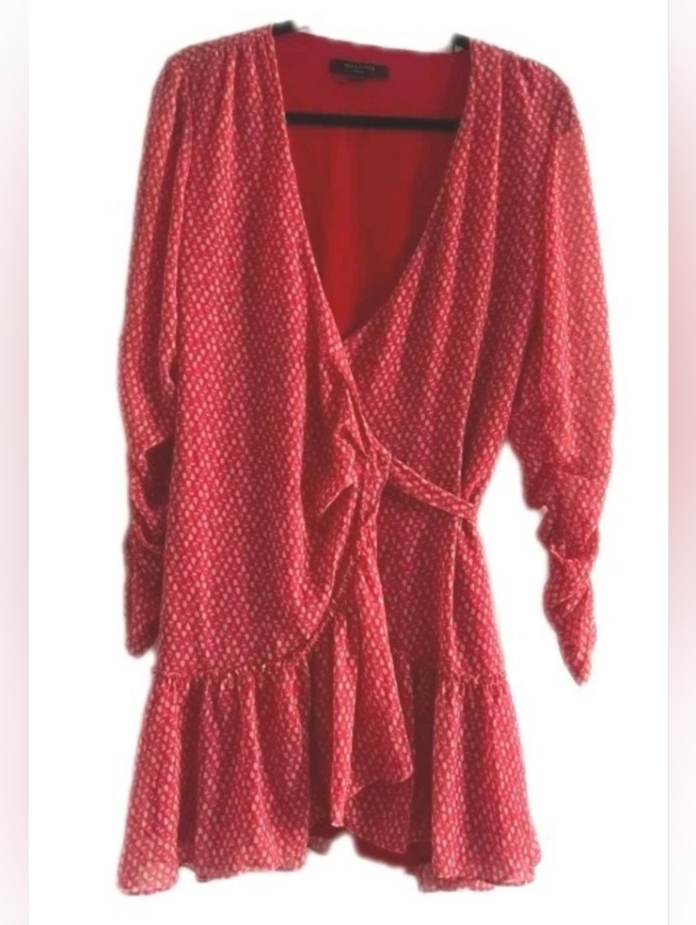 AllSaints Flowers Red & Cream Hearts Print Wrap Dress Ruched Ruffled Sleeve Sz M